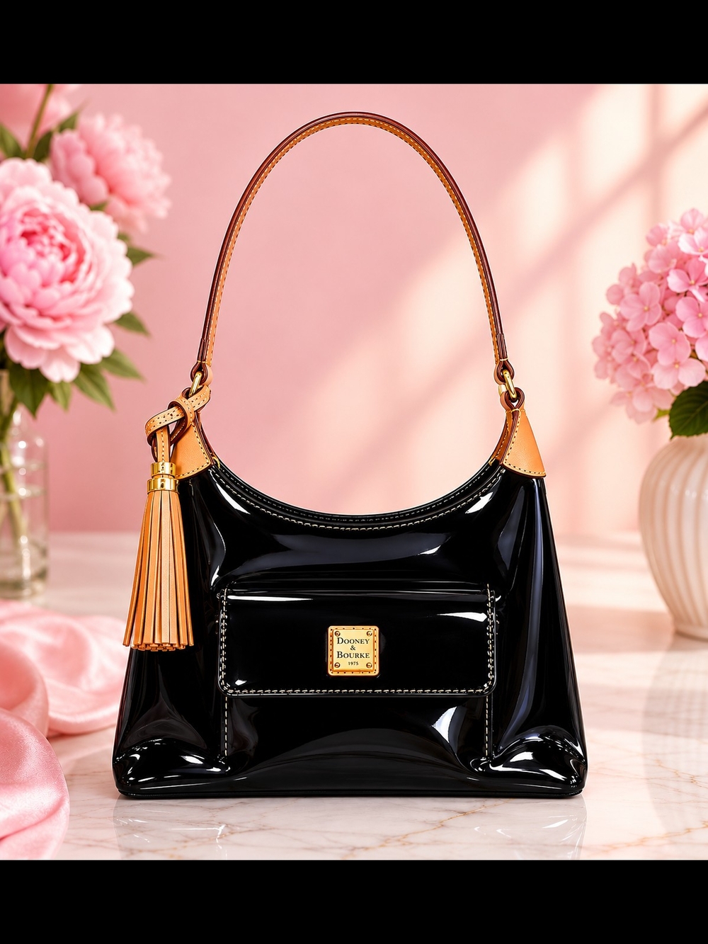 Dooney & Bourke Black Patent Leather Small Hobo with Tan Tassel - Picture 2 of 13
